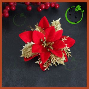 【Ready Stock/5PCS】Glitter Christmas Flowers 5.5 Inch Christmas Poinsettia Flowers Decorations Artificial Christmas Flowers for Christmas Tree Christmas New Year Wreath Wedding Holiday Decoration(No sticks)