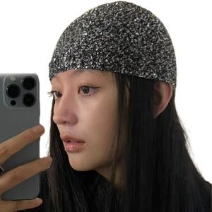 Glittering Sequined Knitted Hat for Women Elegant Birthday Party Hat NightClub Shimmering Skull Beanies Hat for Stage