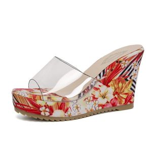 [Free Shipping] Summer One-Strap High-Heeled Sandals Korean-Style Peep-Toe Shoes Printed Thick-Soled Wedge Heels Transparent WomenS Sandals