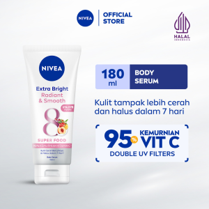 NIVEA Body Serum Extra Bright Radiant & Smooth UV Filter 180ml - Hand body serum lotion moisturizer mencerahkan kulit kusam halus lembut badan glowing brightening tone up serum melembabkan kulit kering - 95% Vitamin C UVA UVB Filter 8 Super food