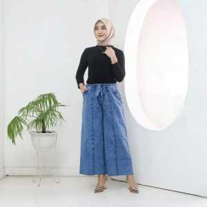 Celana Jeans Kulot Rawis Snow Variasi Kancing di Saku Kulot Mode List Tulang Ukuran Standar