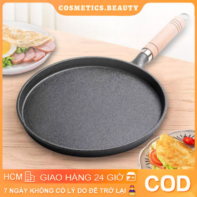 Chảo gang chống dính đúc nguyên khối quai cầm gỗ cách nhiệt đường kính 26cm chảo chiên rán đổ bánh xèo COS