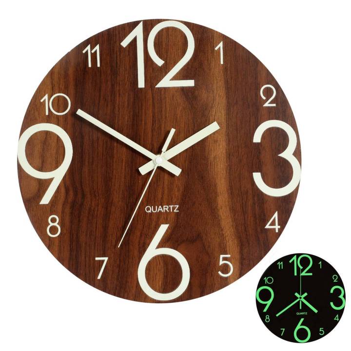 Wooden Wall Clock Luminous Number Hanging Clocks Quiet Dark Glowing ...