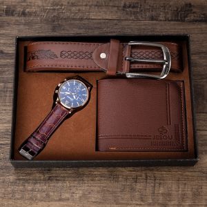 SUUNO 3pcs/set Mens Gift Set Watch Jam Tangan Lelaki Cowhide Leather Bifold Wallet Belts Watch Gift Set Birthday Man Boy Gift Accesories Waterproof Stainless Steel Automatic Winder Rotate Display Box Jam Beg Cermin