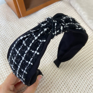 F4 Bando Kain Korea 5.5cm Lebar Luxury Classic Black & White Tweed Knotted Headband BKLJ001