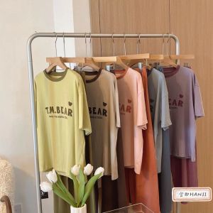 ชุดนอน ชุดนอนผ้าคอตตอน ชุดนอนผู้หญิงแขนสั้นขาสั้น เสื้อยืดคอกลม+กางเกงลายสก็อต K28