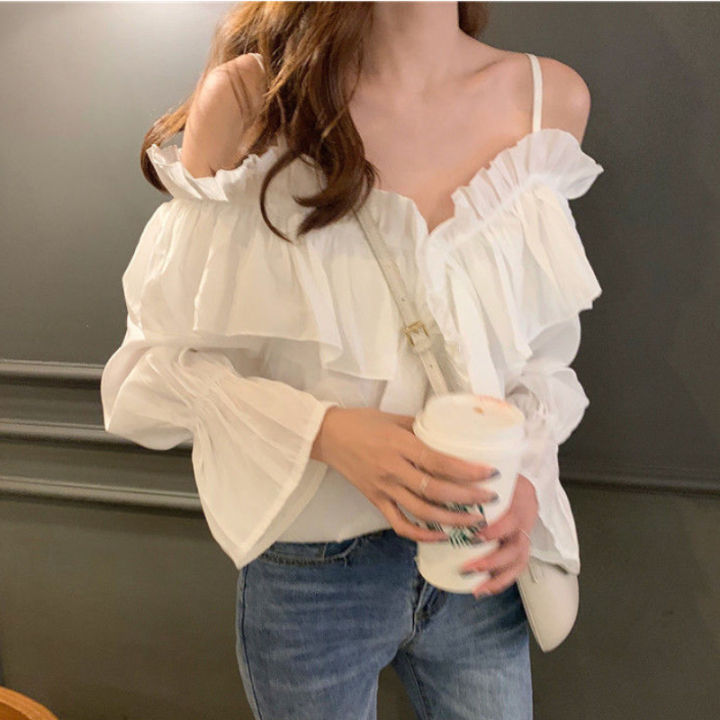 Off Shoulder Tops Women Long Sleeve White Blouse Korean Style New