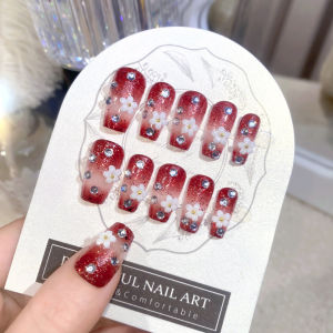 [คลังสินค้าพร้อม] 24ชิ้นเล็บปลอมปีใหม่ของดอกไม้เล็บด้วยกาว