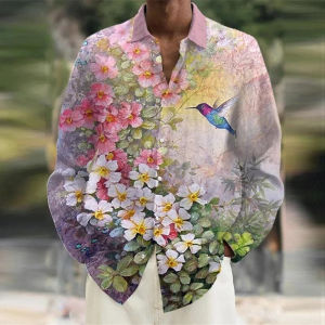 Summer 2026 mens shirts flowers birds 3D printed long-sleeved single-breasted shirts fashion street dance party design 6XL