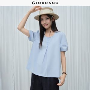 Giordano Beau Monde Women Buttoned pleated front puff sleeve cotton blouse Free Shipping 13346435