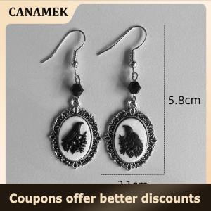 【 CANAMEK 】 Vintage Gothic White Cat Pattern Drop Earrings Women Vintage Silver Color Frame Creative Hook Earrings Party Jewelry