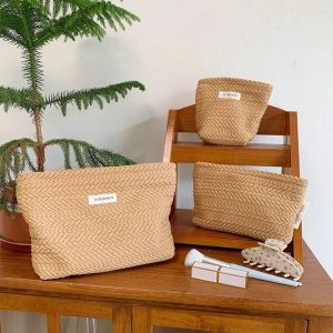 CANICECA Zipper Makeup Bag Solid Color Large Capacity Cosmetic Bag Fashion Woven Fabric Clutches Bag Travel