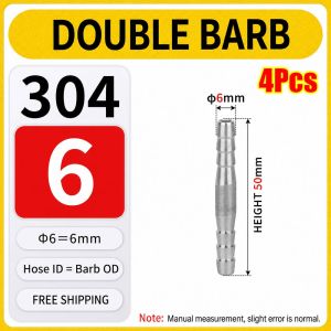 NOBLELYN 4Pcs 6-41mm Hose Barb Connector 50-65mm Length 304 Stainless Steel Straight Two Way Pipe Fitting Straight Stainless Steel Hose Barb for Hose Pipe Connection