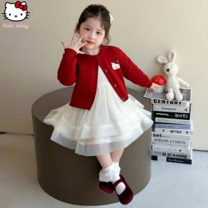 Christmas gifts Halloween Kawaii 2Pcs Sanrio Hello Kitty Children Girl Knitted Coat Autumn Cartoon Anime Long Sleeves Mesh Skirt Princess Style Sweet Set