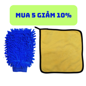 Combo khăn lau xe máy vàng xám 30x30 + bao tay rửa xe bao tay san hô loại lớn 2 lớp thấm hút tốt