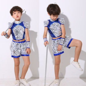 LOlanta Sequins Modern Street Dance Costumes for Kids Girls Boys Blue Yellow Hip-hop Performance Outfit Girls School Team Dance Tops+Skirt/Shorts with Wristband Set