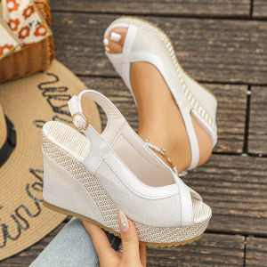Plus Size Peep-Toe Wedge Sandals 2026 Summer New Thick-Soled Roman Sandals For Women