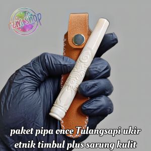 paket hemat once pipa cangklong tulang sapi ukir motif etnik timbul plus sarung kulit sintetis