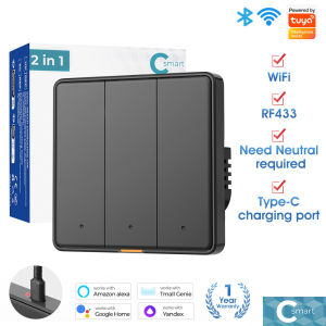 Tuya RF433บลูทูธ Wi-Fi อัจฉริยะ EU ติดผนังสวิตช์ปุ่มไฟ110-240V สายแบบเป็นกลางประเภท-C เวลาควบคุมแอปเสียงวัสดุทนไฟแถบเรืองแสงทำงานร่วมกับ Alexa Google