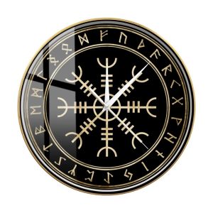 Sacesr Medieval Valhalla Helm of Awe WIth Runes Viking Symbol Wall Clock Aegishjalmur Veldismagn Runic Circle Norse Compass Wall Watch 2Z5B1
