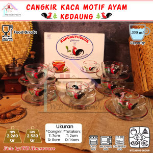 kedaung KIG cangkir kaca set 6 pasang motif ayam jago transparan 220ml / coffee tea set cup and saucer full glass