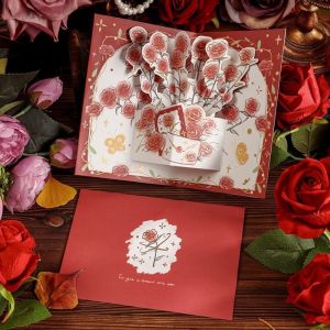 SIERWU Pop Up Love 3D Greeting Card with Envelope Flower Greeting Card Surprised Rose Thank You Card Wedding Invitations
