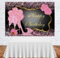 7x5ft Sweet Pink Happy Birthday Backdrop Rose Shiny Sequin High Heels Champagne Golden Frame Party Background Happy 30th 40th 50th 60th Birthday Decorations for Adults Women. 