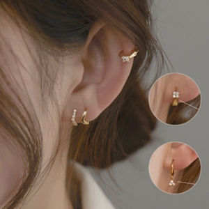 【Local Delivery】14K Gold Zircon Small Hoop Ear Cuff Earrings With Pierced Sterling Silver Cartilage Hypoallergenic For Lady Daily Outfits Fashion Jewelry Accessories