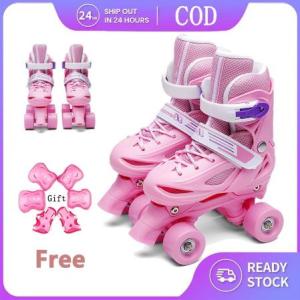 YS【COD】Kids Roller Skates Size Adjustable Double Row Skates Two Line PU Roller Skate Shoes 3 to 12yrs Child Teenagers 4 Wheels Patines Shoes Outdoor Sports Toys Boys Girls Gift