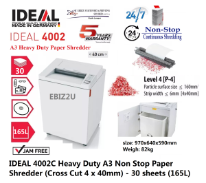 IDEAL 4002 C 4 x 40mm Heavy Duty A3 Non Stop Paper Shredder (Cross Cut) - 30 sheets (165L) (non stop Cross Cut mesin perincih kertas)