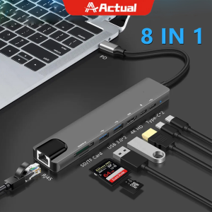 Actual【COD】USB C Hub Type-C 3.1 to 4K Compatible RJ45 USB SD/TF Card Reader PD Fast Charge 8-in-1 USB Dock