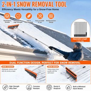 LUJIN 4/5/6/7/8/9/10/11 sections Telescopic Snow Brush 149cm-401cm Stainless Steel Roof Snow Remover Broom  Scraper 2 in 1 Long Handle Snow Sweeper Roof RV Solar Panel