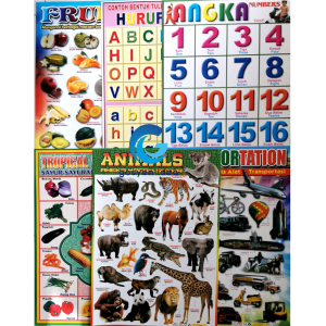 Poster Belajar Anak Edukasi Isi 6 Poster Buah Huruf ABC Angka Sayuran Binatang Kendaraan