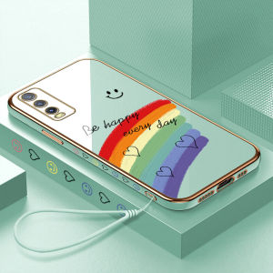 UCUC เคสโทรศัพท์เคสสำหรับ Vivo เคสมือถือ เคสโทรศัพท์ เคส Vivo เคสมือถือ เคสโทรศัพท์ เคส Vivo Y20 Y20i Y20S Y20SG Y20 2021 Vivoy20 Vivoy20s เคสมือถือ เคสโทรศัพท์ เคสสาวฟรี Lanyard + รอยยิ้มสายรุ้ง Lover Heart Square รูปแบบขอบชุบโทรศัพท์เปลือกหอยนุ่ม