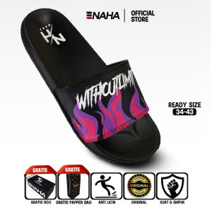 NAHA - Sandal Slop Pria Distro Wanita Karet Api Hitam Size 34 - 43