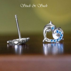 [Studs & Such] 925 Silver Dolphin On Heart Stud Earrings With Blue Cubic Zirconia
