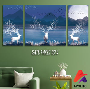 HIASAN DINDING PEMANDANGAN RUSA WHITE AND BLUE DEER (FULL SET ISI 3) WALL DECOR PAJANGAN DINDING POSTER KAYU RUANGAN AESTHETIC