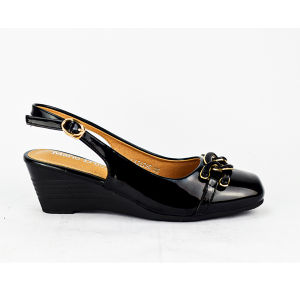 Womens Chic Patent Leather Wedge Sandals with Buckle Detail LX 26290 - Beige/Black