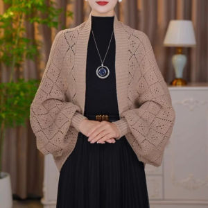 Womens Autumn Plaid Knit Shawl Cardigan Loose Long Sleeve Knitting Plaid Shawl Outerwear