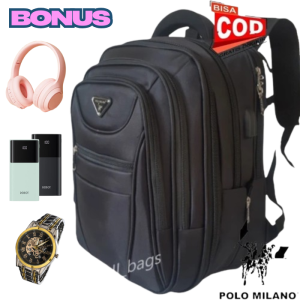 Tas Ransel Polo Milano Pria Kanvas Abu Tua/Abu Gelap/Cacao/Burgundy Gaya Bisnis Tahan Air