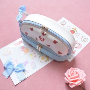 TOO AGHAST69ST7 Smile Cherry Pencil Case Strawberry Bear Cute Pencil Bag Cartoon PU Leather Double Layer Pen Pouch Girl