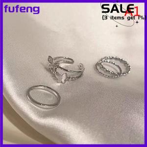 fufeng 3Pcs 4Pcs Hip Hop Punk Open Adjustable Rings Set Womens Ring Butterfly Metal Finger Ring