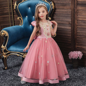 Girls Pink Lace Tulle Princess Dress – Elegant Long Floral Gown for Birthday Wedding Pageant & Flower Girl | 5 Colors | Kids Formal Dress for 2-12 Years