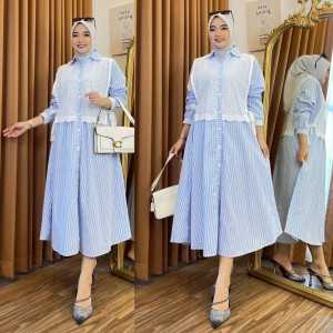 Midi Dress Salur Kombinasi Brukat Kekinian | Gamis Wanita Jumbo S M L XL XXL | Dress Wanita Terlaris