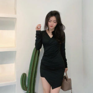 MODAMYTH D01 - Dress Lengan Panjang Wanita Bodycon Dress Mini Polos Serut Dress Atasan Casual Atasan Perempuan Premium