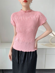 「Sunya.1 Embroidered Pleated Blouse Womens High-Neck Slim Fit Short Sleeve T-Shirt Youthful Casual Top # S-562」