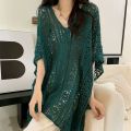 Somi RTW V-neck Side Drawstring Hollow Out Crochet Cover Up Oversize Knitted Beach Top M1328. 