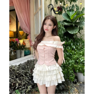 Set Áo Bẹt Vai Phối Bèo Buộc Dây Nơ Mix Chân Váy Xoè Tầng Tiểu Thư Siêu Xinh MS141