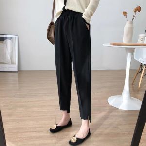 [M~4XL] Women Plus Size Summer Solid Color Suit Trousers Loose High Waist Dark Brown Tapered Pants