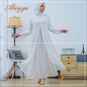 Gamis Wolfis mix Ceruty Babydoll Wolpis dan Ceruti Putih Baju Umrah Pakaian Umroh Wanita | Abiyyuco TA9034